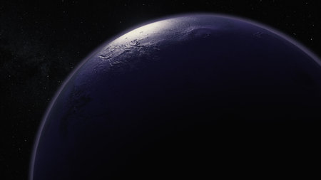 Cosmos concept. Flight over Neptune. Purple planet. Top view of the planet's surface. 3d...