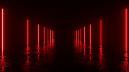 Futuristic sci fi bacgkround. Red neon lights glowing in a room with concrete floor with reflections...