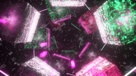 Flying in technological cyber space. Sci-fi spaceship tunnel. Futuristic technology abstract...