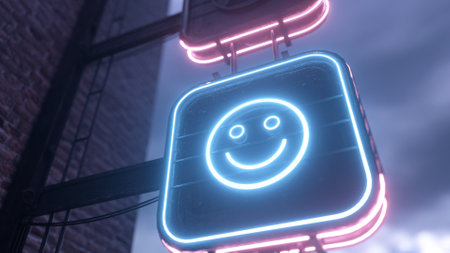 Glowing turn on neon signs with funny and sad emoticons against the backdrop of a cloudy sky. 3d illustrationの写真素材
