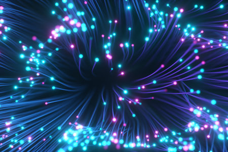 Fiber optic wires with flashing signals. Digital data transmission via fiber optic cable. Top view...