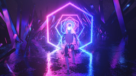 Robot running in abstract outer space along neon geometric shapes and crystals. 3d illustration