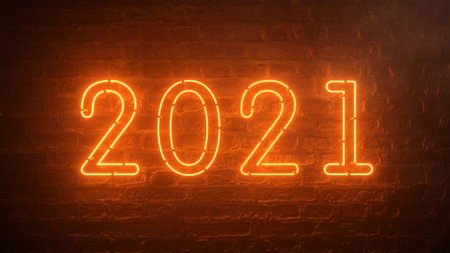 2021 fire orange neon sign background new year concept. Happy New Year. Brick background. Flicker...
