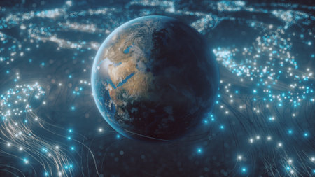 A rotating globe in optical fiber clouds transmitting signals throughout the universe in space. The...