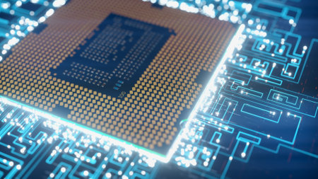 A computer processor with millions of connections and signals. Technology cpu background. Pulses and...