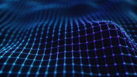 Abstract mesh with wave motion and depth of field. Connected data nodes. Artificial Intelligence....