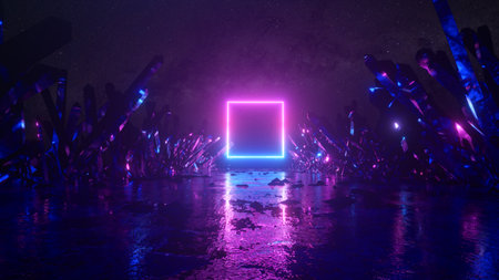 Flying in abstract space along crystals and rocks. Modern ultraviolet blue purple neon light...
