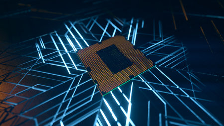A computer processor with millions of connections and signals. Technology cpu background. Pulses and...