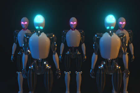 An endless corridor of robots facing each other. Future technology and artificial intelligence concept Blue and pink neon glow. 3d illustrationの写真素材