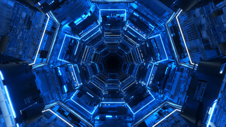 Endless corridor of the future. Spaceship. Neon lighting. Flying in the tunnel. 3d illustrationの写真素材
