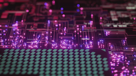 A computer processor with millions of connections and signals. Technology cpu background. Pulses and...