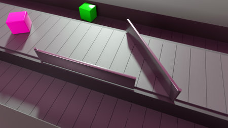 The concept of sorting and distributing goods. The colorful boxes move along the conveyor belt of...