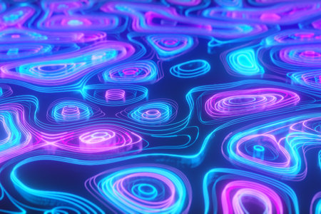 Abstract neon background of topographic map concept. Contour map. Valleys and mountains. Geography...