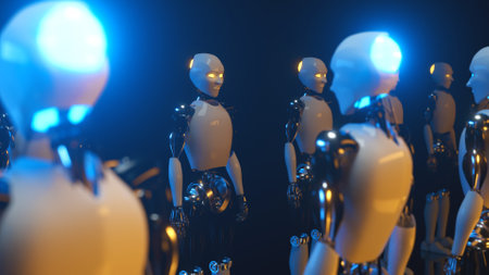 An endless corridor of robots facing each other. Future technology and artificial intelligence concept Blue and yellow neon glow. 3d illustrationの写真素材