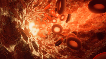 Red blood cells traveling through a blood vessel. 3d illustration