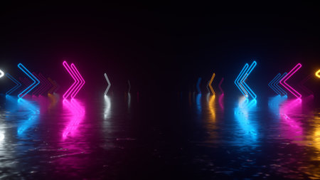 Fast flight in space with the direction of movement of the neon arrows. Abstract laser background. 3d illustrationの写真素材