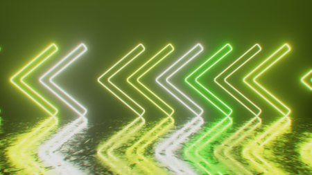 Bright neon arrows on a metal surface indicate the direction of movement. Abstract laser background. 3d illustrationの写真素材