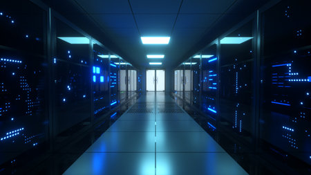 Big data servers. Data Solutions. Server room with working flickering panels behind the glass. Data...