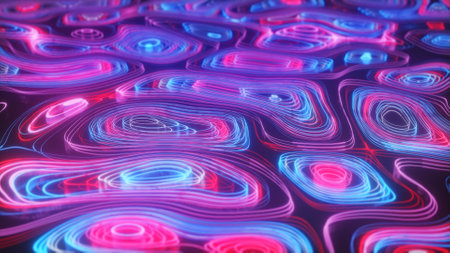Abstract neon background of topographic map concept. Contour map. Valleys and mountains. Geography concept. Wavy backdrop. Space surface. magic neon light curved swirl line. Seamless loop 3d renderの写真素材