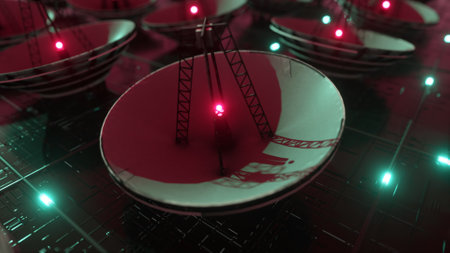 Large technological surface covered with microcircuits and satellite dishes. Information transfer concept. 3d illustrationの写真素材