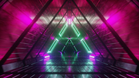 Abstract endless flight in a futuristic geometric metal corridor made of triangles. Modern red neon...
