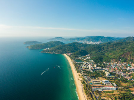 Phuket island view point. Beautiful tropical landscape with city, mountains and sea.の写真素材