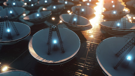 Large technological surface covered with microcircuits and satellite dishes. Information transfer...