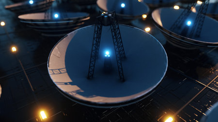 Large technological surface covered with microcircuits and satellite dishes. Information transfer...
