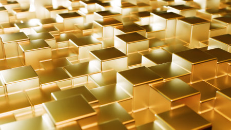 Abstract gold metallic background from cubes. Wall of a metal cube. 3d illustrationの写真素材