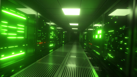 Endless flight along server blocks. Data center and internet. Server rooms with working flickering...