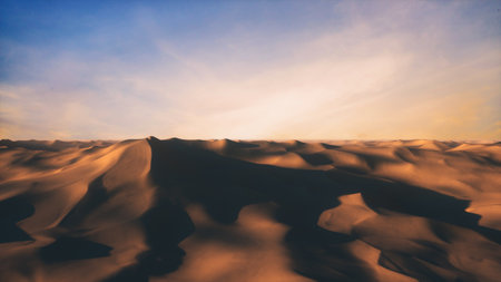Endless flight in the endless hot desert with dunes and sandy mountains. 3d illustration