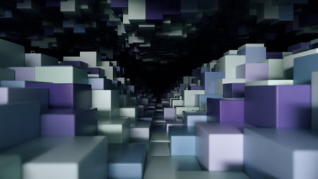 Abstract geometric tunnel made of blue cubes with random movement. 3d illustration