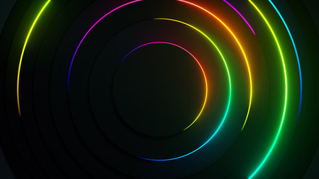 Radial abstract neon background. Laser neon lines move in a circle along a circular dark geometry....