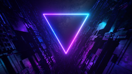 Sci-fi tunnel with neon triangles. An endless flight forward to the stars and the milky way. Modern...