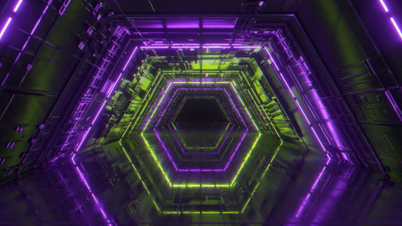 Flying in a bright neon geometric tunnel. Future technology. Modern color spectrum. Room interior with glowing neon fluorescent lamps. Futuristic architecture background. 3d illustrationの写真素材
