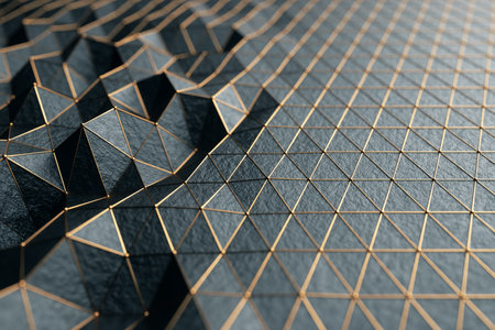 Abstract 3d illustration cg low polygonal Black surface. Geometric triangular lines. 3d render motion technology background. Triangle segments. Luxury backdrop. Gold neon wireframe linesの写真素材