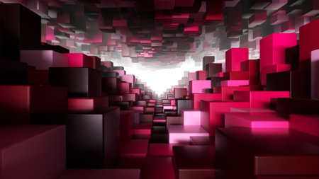 Abstract geometric tunnel made of red cubes with random movement. 3d illustration