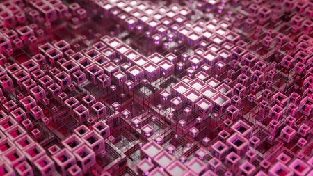 3d illustration of colorful glass rows of cubes floating through the prog in 4K, creating an...