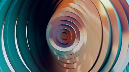 Abstract pattern of circles with the effect of displacement. Modern Teal orange light. Clean rings animation. Abstract background for business presentation. 3d illustrationの写真素材