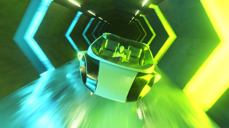 Flying a robot behind the wheel of a futuristic car in a long tunnel. Artificial intelligence and...