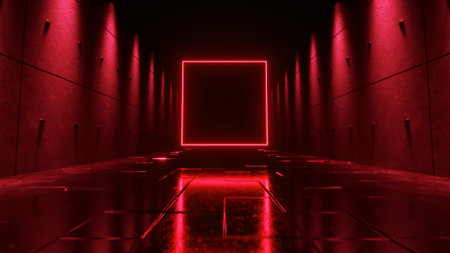 Endless flight in a futuristic dark corridor with neon lighting. A bright neon square in front. 3d illustrationの写真素材