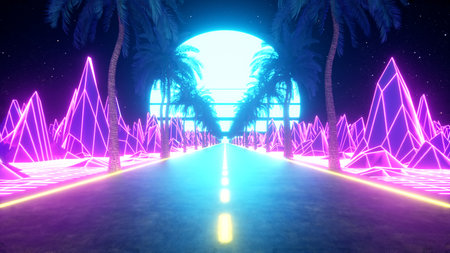 80s retro futuristic sci-fi. Retrowave VJ videogame landscape, neon lights and low poly terrain...