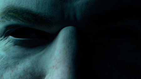 Scary menacing gaze of a man with empty black eyes close-up. Horror concept. Character facial with...