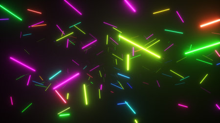 Infinite flight in space among fluorescent neon lamps. Modern rainbow spectrum. 3d illustration
