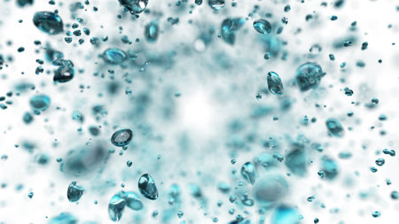 Explosion of water droplets into the camera in slow motion on an isolated white background. 3d...