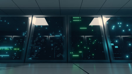 Networked and data servers behind glass panels in a server room. The camera moves on a trolley in...