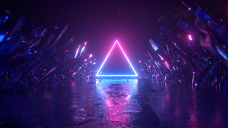 Flying in abstract space along crystals and rocks. Modern ultraviolet blue purple neon light...