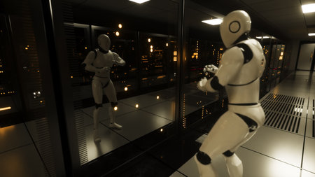 The dancing robot in the server room looks at itself in reflection. Data servers behind glass panels...