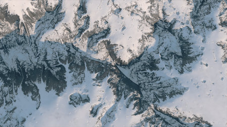 Aerial view of a snowy mountain range, with a winding road. View from above. Natural landscape 3d...
