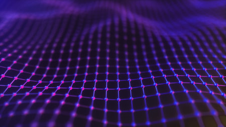 Abstract mesh with wave motion and depth of field. Connected data nodes. Artificial Intelligence....